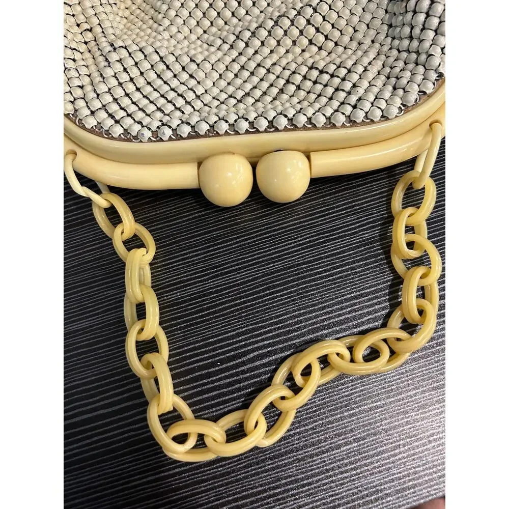 Whiting Davis Alumesh Vintage 50s 60s Ivory MCM Purse Lucite Chain Kiss Lock